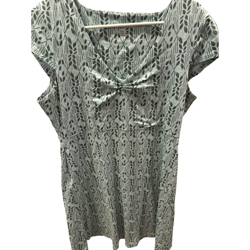 Toad&Co Womens Blue Green Leaf Print V-Neck Cap Sleeve Empire Waist Dress Large